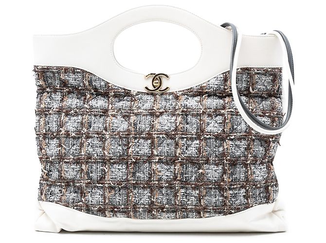 Bolsa de compras Chanel grande em tweed cinza 31 Marrom