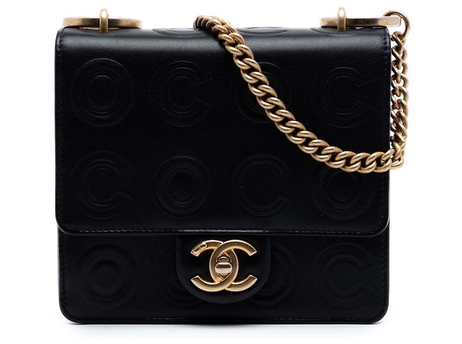 Chanel Mini Square Preto em Couro de Bezerro Com Estampa Coco