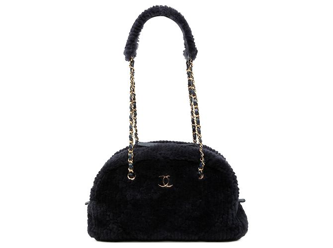 Große gesteppte Shearling Bowlingtasche Chanel Blue Coco Neigh Blau Marineblau