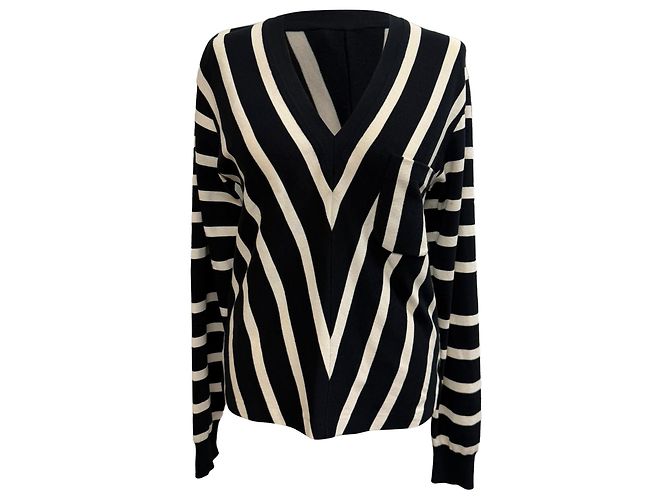 Suéter de rayas marineras con cuello en V Chloé en algodón negro y blanco