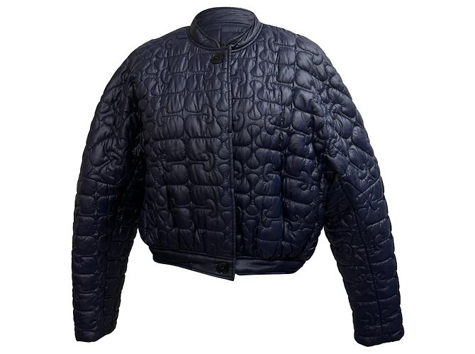 Ganni Quilted Cropped Jacket in Navy Blue Polyamide
