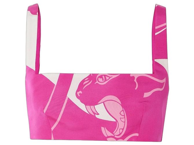 Valentino Garavani Top corto de seda con estampado de leopardo Blanco Fucsia