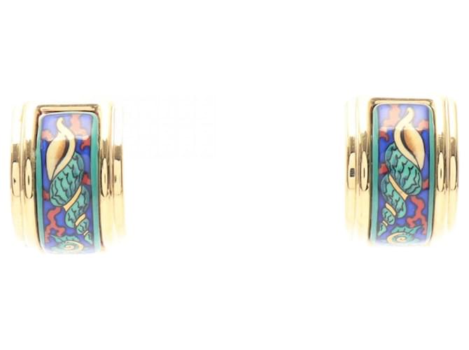 Hermès Hermes Cloisonné Enamel Clip Earrings Blue Golden Green 