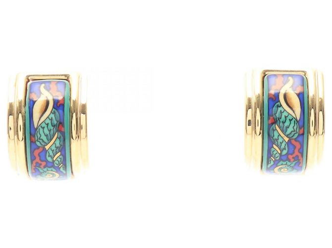 Boucles d'oreilles clips en émail cloisonné Hermès Bleu Doré Vert