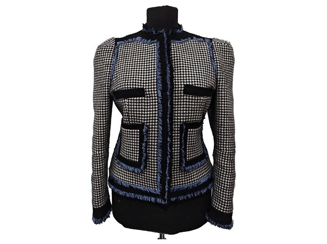 Balenciaga Houndstooth Wool Jacket with Blue Trim