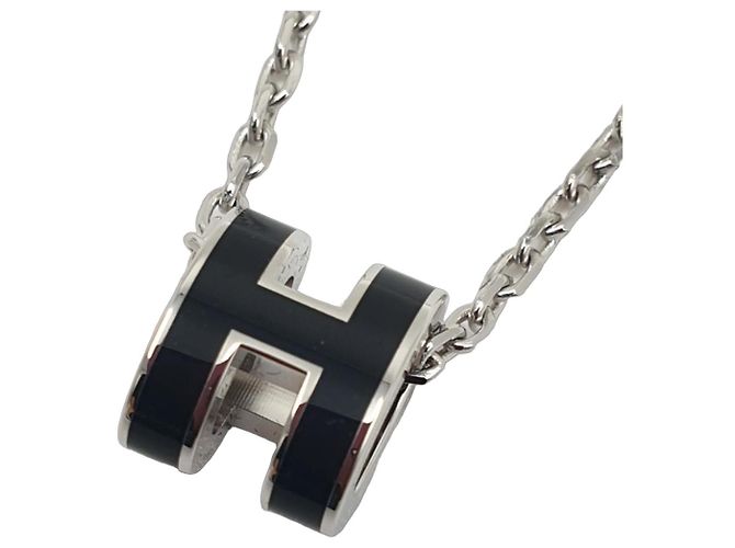 Hermès Colar Mini Pop H, Preto, Ferragens Prateadas Prata