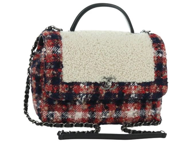 CHANEL Top Handle 25 Chain Bag Tweed Multicolor Silver CC Auth YKZ1266SAM