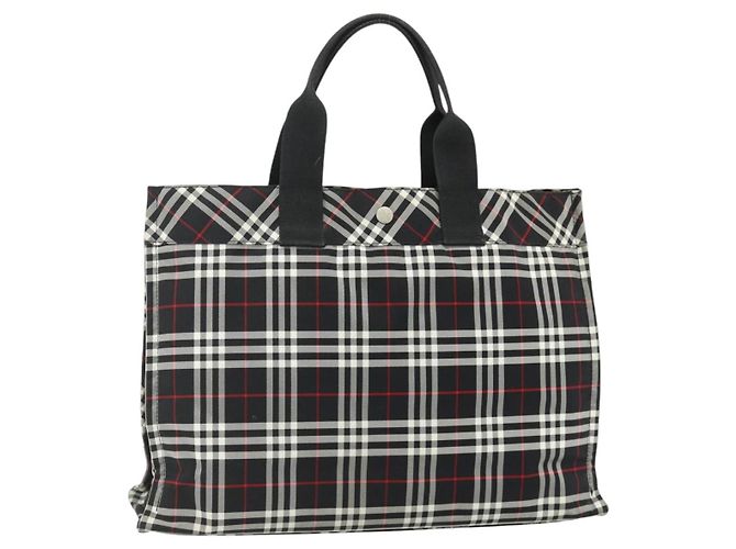Burberrys Nova Check Blue Label Hand Bag Nylon Black Silver Auth 176492 Silvery