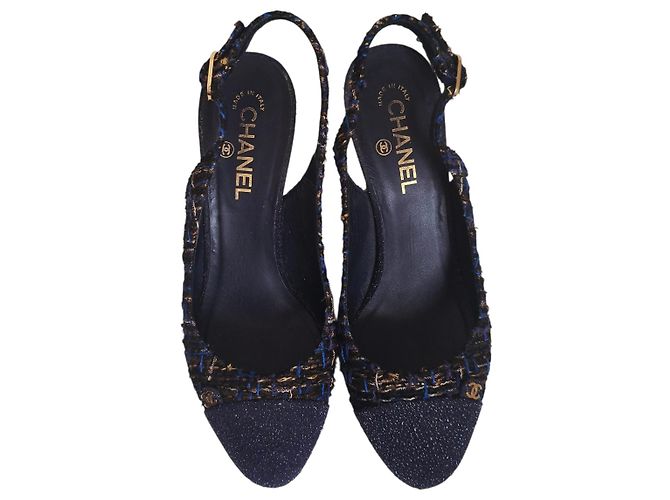 Décolleté Slingback Chanel in Glitter e Tweed Blu Navy 40 Multicolore