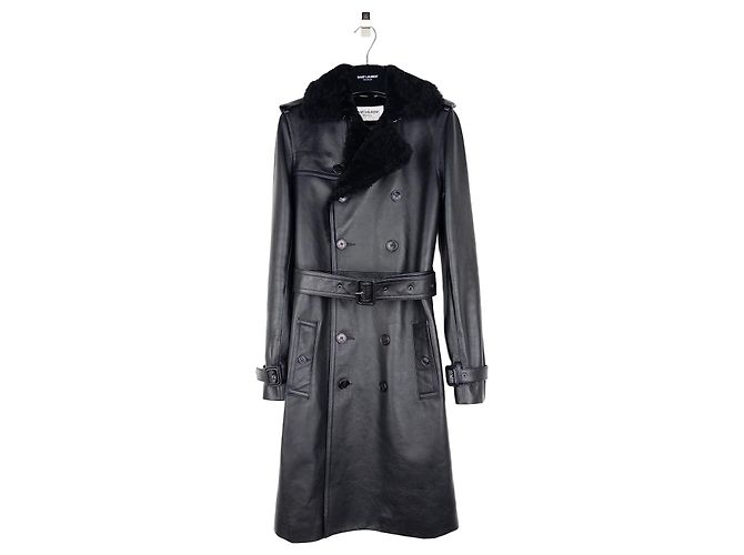 Saint Laurent AW20 Double-Breasted Shearling Leather Trench Coat