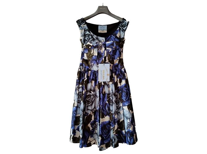 PRADA POPLINE-KLEID EGYPT ROSE S COBALT. Schwarz Weiß Blau