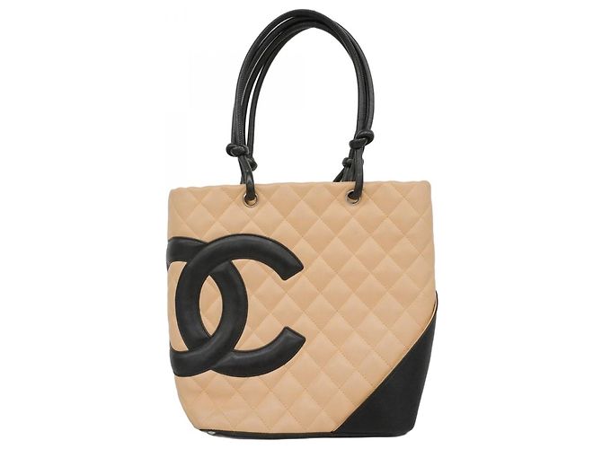 Bolsa tote de couro de cordeiro Chanel Cambon Preto Bege