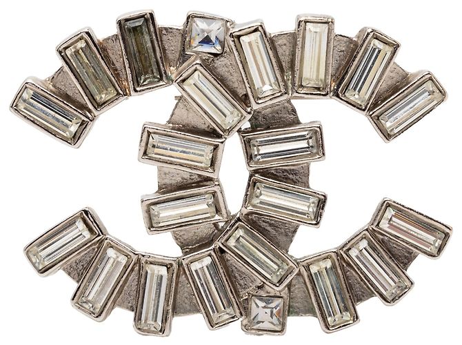 Chanel Silberne CC Messing Strass Baguette Brosche