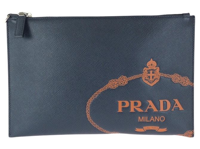 Prada Saffiano Leather Clutch Bag Blue