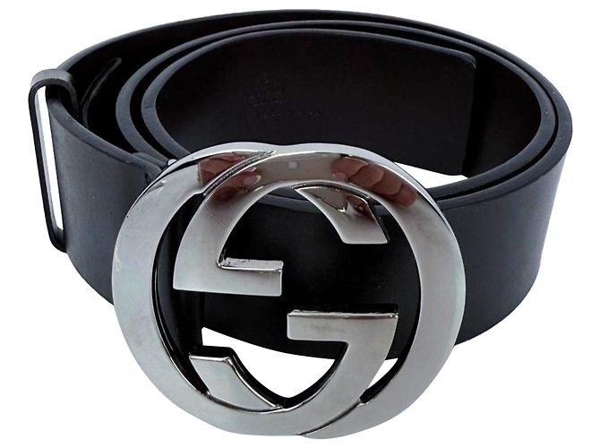 Dunkelbrauner Leder-Gürtel mit Gucci Interlocking GG Schnalle, Größe 75