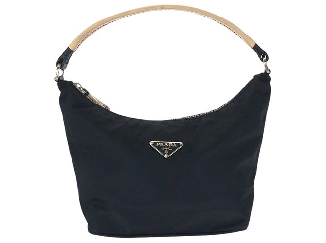 Prada Nylon Handtasche mit Logo-Platte Schwarz