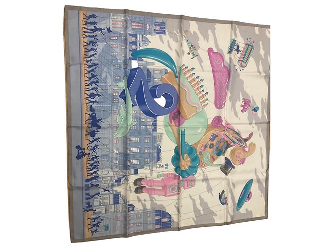 Lenço de seda Hermès Carre Twill "Hermes Parade" Rosa Branco Azul Bege Azul claro