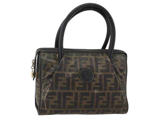Bolsa de mão em canvas Zucca FENDI preta e marrom Auth 175214 Preto