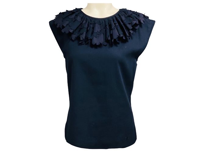 Top de algodón azul marino con cuello de volantes Chanel