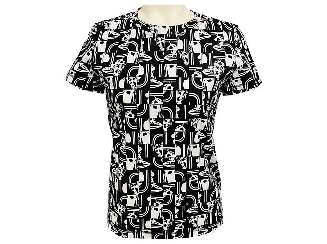 Top de algodón estampado en negro / blanco de manga corta Hermès