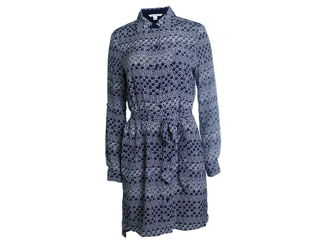 Autre Marque Diane von Furstenberg, Hemdblusenkleid mit Wickelgürtel Weiß Blau