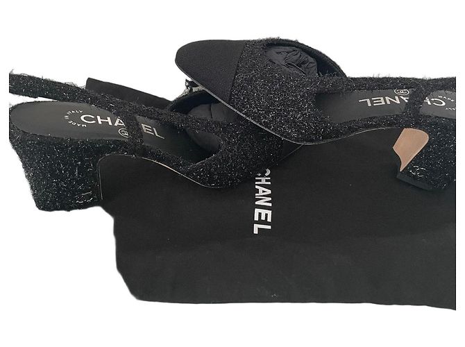 Chanel Slingback Espadrilles Schwarz Stoff Größe 36.5