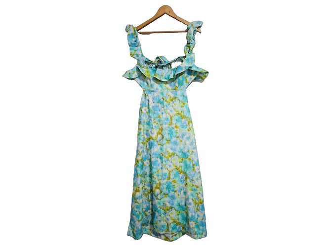 Zimmermann High Tide Midi-Kleid mit Rüschen Weiß Blau Grün