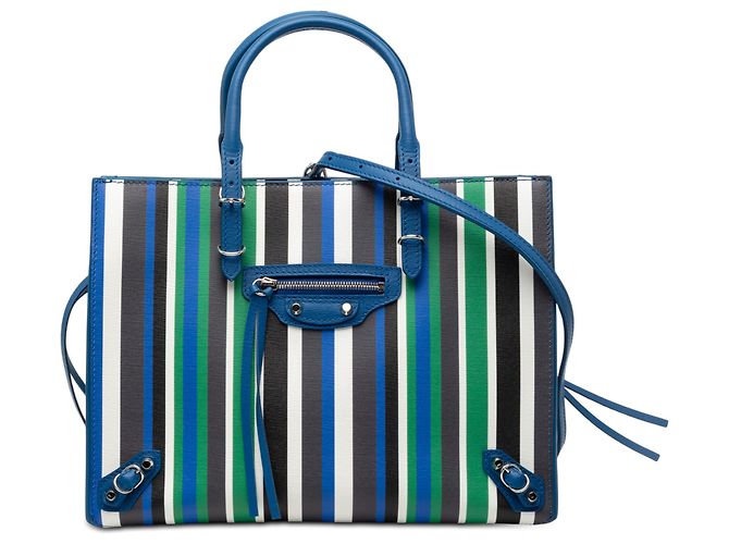 Balenciaga Mini-Ledertasche in Blau mit gestreiftem Papier A6 und Reißverschluss
