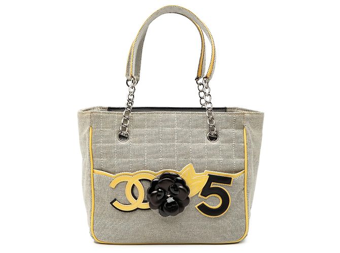 Tote de lona Choco Bar Chanel CC Camelia gris No. 5