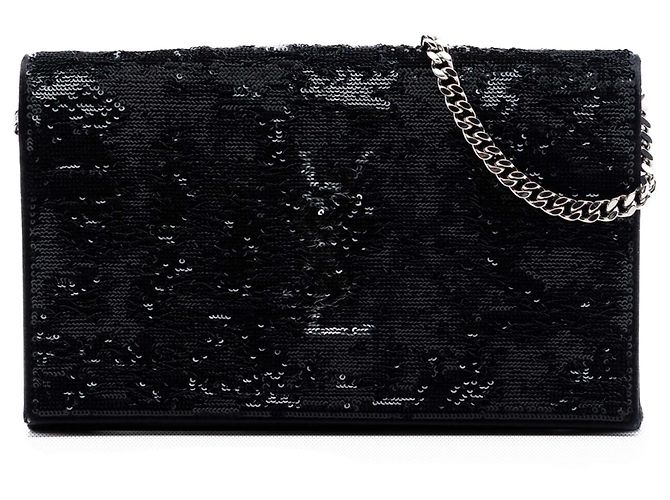 Carteira Kate Monogram em lantejoulas pretas Saint Laurent com corrente