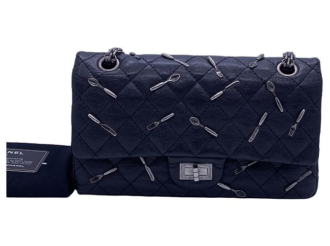 Chanel 2.55 Borsa a Catena Nera in Pelle Nero