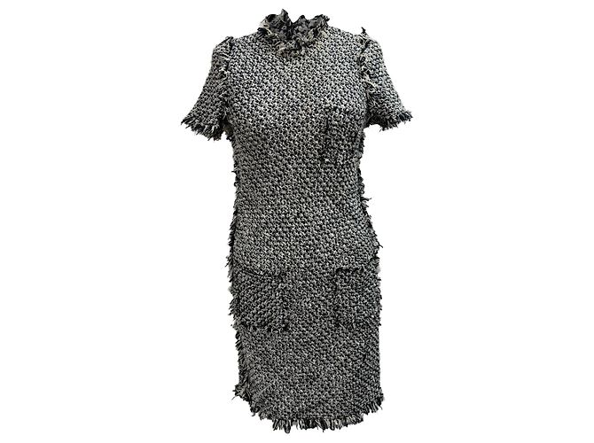 Abito mini a maniche corte in tweed nero e bianco in cotone di Lanvin