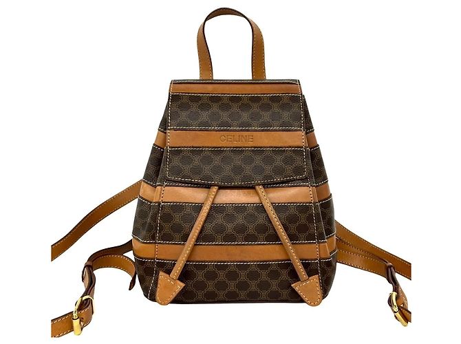 Céline Celine Vintage Macadam Blazon Triomphe Pattern Leather Mini Backpack Brown 