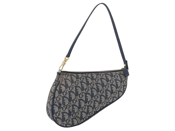 Christian Dior Trotter Canvas Accessory Pouch Navy Silver Auth mr2399A Silvery Navy blue