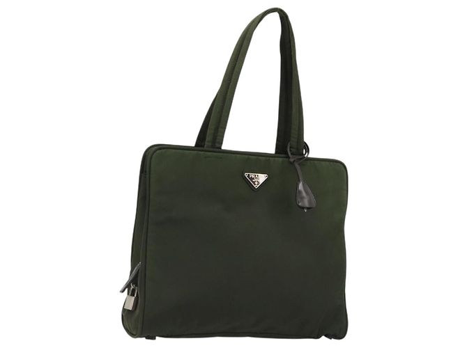PRADA Tote Bag Nylon Green Silver Auth 175696 Silvery