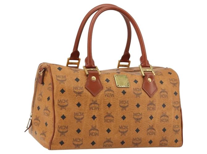 MCM Vicetos Logogram Bolsa de Mão PVC Couro Marrom Dourado Auth 175196
