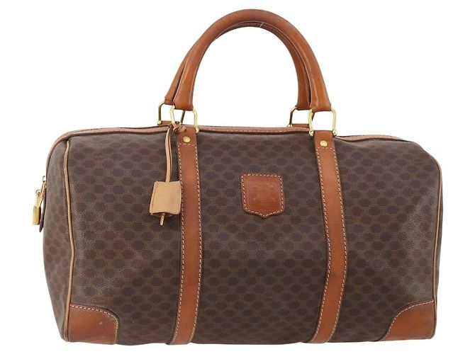 Céline Bolsa Boston em lona Macadam CELINE em couro PVC marrom dourado Auth INZ010