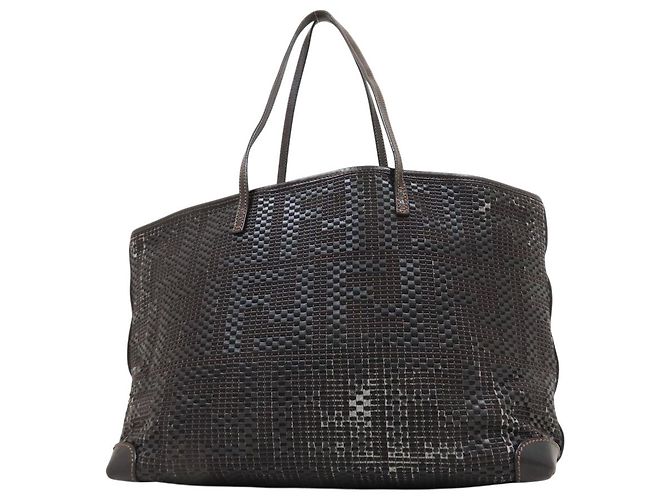 Bolsa tote de couro de bezerro trançado Zucca preta e marrom Fendi