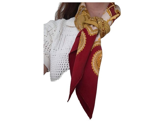 Hermès Selles Seidentuch Beige Dunkelrot Bordeaux