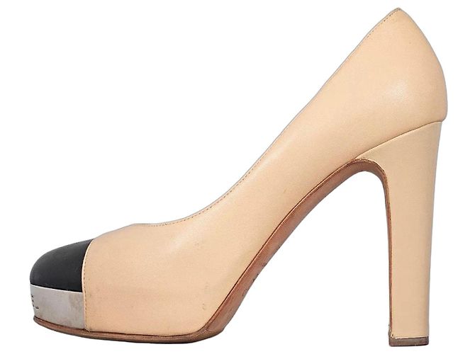 Chanel Beige Leather Block Heel Pumps - Size 39.5 Pre-owned