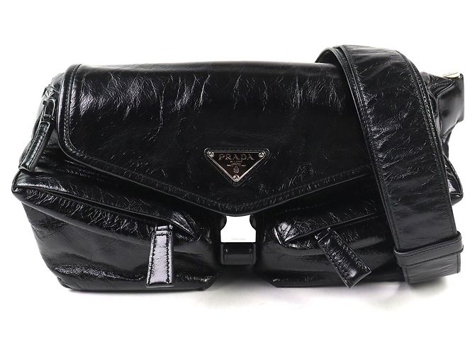 Bolsa de ombro de couro com logo triangular Prada 2VH174 Preto