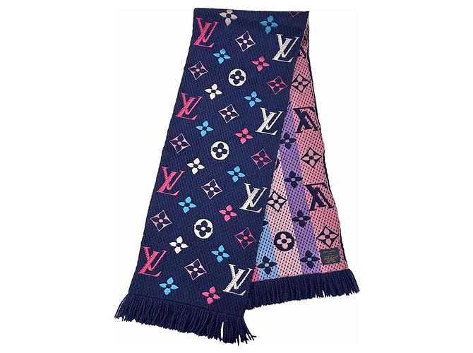 Bufanda de lana y seda Logomania con flecos Louis Vuitton Multicolor Azul marino