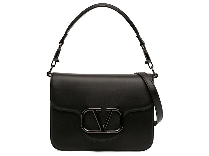 Bolsa de ombro em couro de bezerro preto com logo Valentino