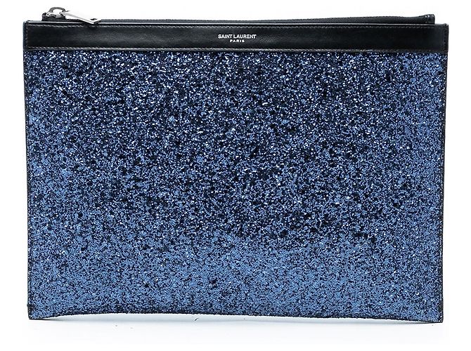 Saint Laurent Blaue Glitzer-Leder Tablet-Tasche mit Reißverschluss