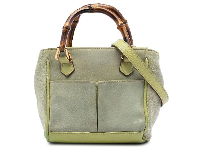 Gucci Green Suede Bamboo Satchel Golden