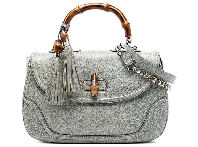 Gucci Gray Large Speckled Leather New Bamboo Top Handle Bag Brown