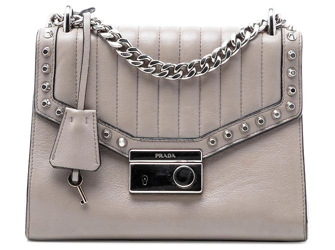 Prada Bolsa Crossbody em Couro Glace Cinza com Estrelas Sound Lock Marrom