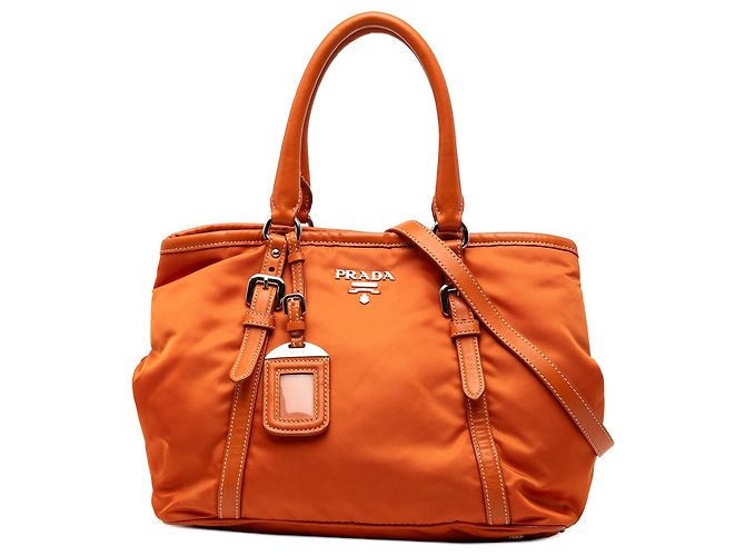 Prada Orange Soft Calf Trimmed Tessuto Handtasche