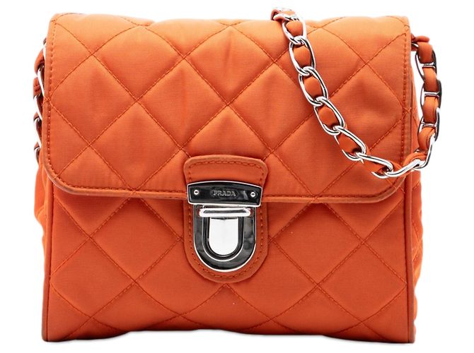 Prada Arancione Impuntu Tessuto Catena Crossbody