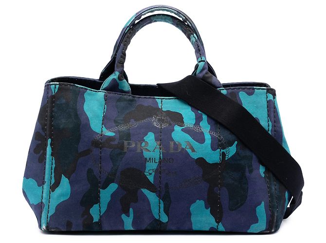 Bolsa satchel camuflada em lona azul Canapa com logo Prada Azul escuro